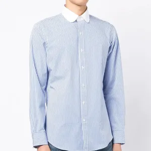 Factory Hot Sale Round Collar Men's Dress Shirt Contrast Collar And Cuffs Yarn Dyed Light Blue Stripes Shirt