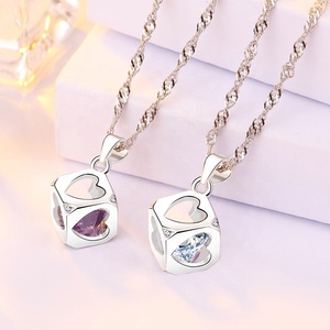 DDC51 perak murni 925 wanita berongga 4A zirkon cinta hati kubus persegi Cz liontin kebahagiaan untuk kalung pernikahan - Product Image 2