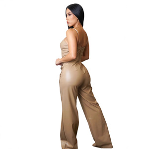 AJ4479 Fornitura Transfrontaliera <span class=keywords><strong>Tuta</strong></span> Estiva da <span class=keywords><strong>Donna</strong></span> <span class=keywords><strong>in</strong></span> Ecopelle con Perline Senza Maniche Gamba Larga Lunghezza Intera Vita Media - Product Image 5