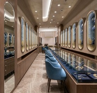 Solution Complète Clé en Main pour Magasin de Bijoux de Luxe en Bois et Velours Bleu avec Éclairage LED pour Centre Commercial de Luxe à Mur Arqué