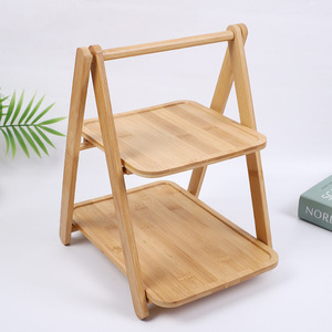 Bamboo Double Layer <b>Shelf</b> Storage <b>Rack</b> For Fruit Cake Display Standing Type Rectangle Solid Color - Product Image 4