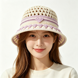 Women Hand Embroidery Striped Bucket <b>Hat</b> Hollow Heart Decor Wide Brim Summer Sun <b>Hat</b> Beach Travel Casual Outdoor Fishing - Product Image 1