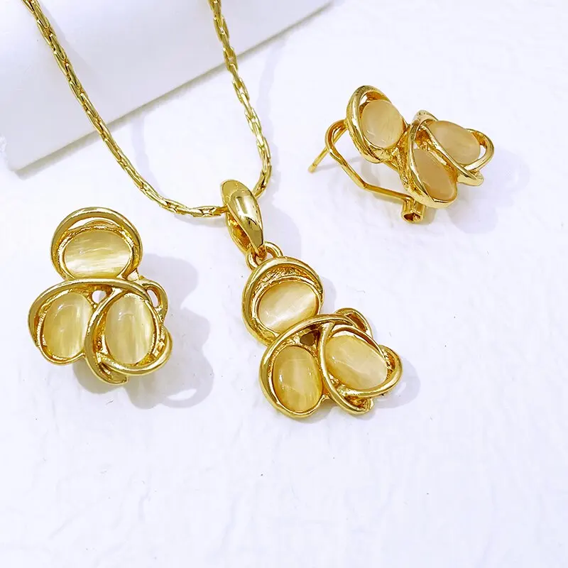Delicate Cubic zinc alloy Necklace Earrings Jewelry Set Luxury Micro Paved zinc alloy Natural Cat Eye Stone Necklace Women