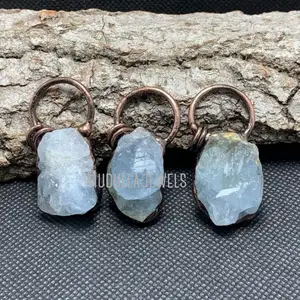 PM43124 Natural Gemstone Aquamarine Free Form Hoop Pendant Charms For DIY Jewelry Making Antique Copper Plated Wholesale