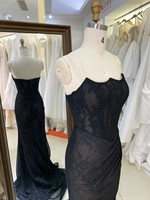 Robes de bal sirène de luxe en satin et cristal, ornées de perles, col en V, élégantes, noires, pour soirée formelle, avec traîne, vente en gros