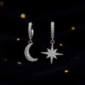 Boucles d'oreilles pendantes étoile et lune en or blanc, argent 925 plaqué rhodium, cristaux pavés, pour femme, romantiques, à porter au quotidien - Product Image 2