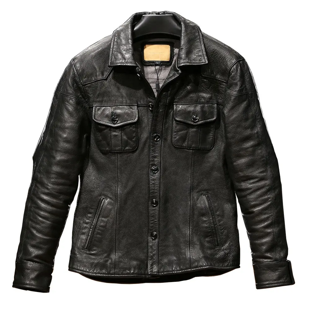 Customized High Quality Plus Size Casual Leather Jackets Men's Ami Khaji Unpainted Washed Pleated Goat Leather Shirt