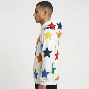 Men's White Pullover Hoodie with Multicolor Chenille <b>Star</b> Patches - Streetwear Fleece Hooded Sweatshirt with Kangaroo Pocket - Product Image 2