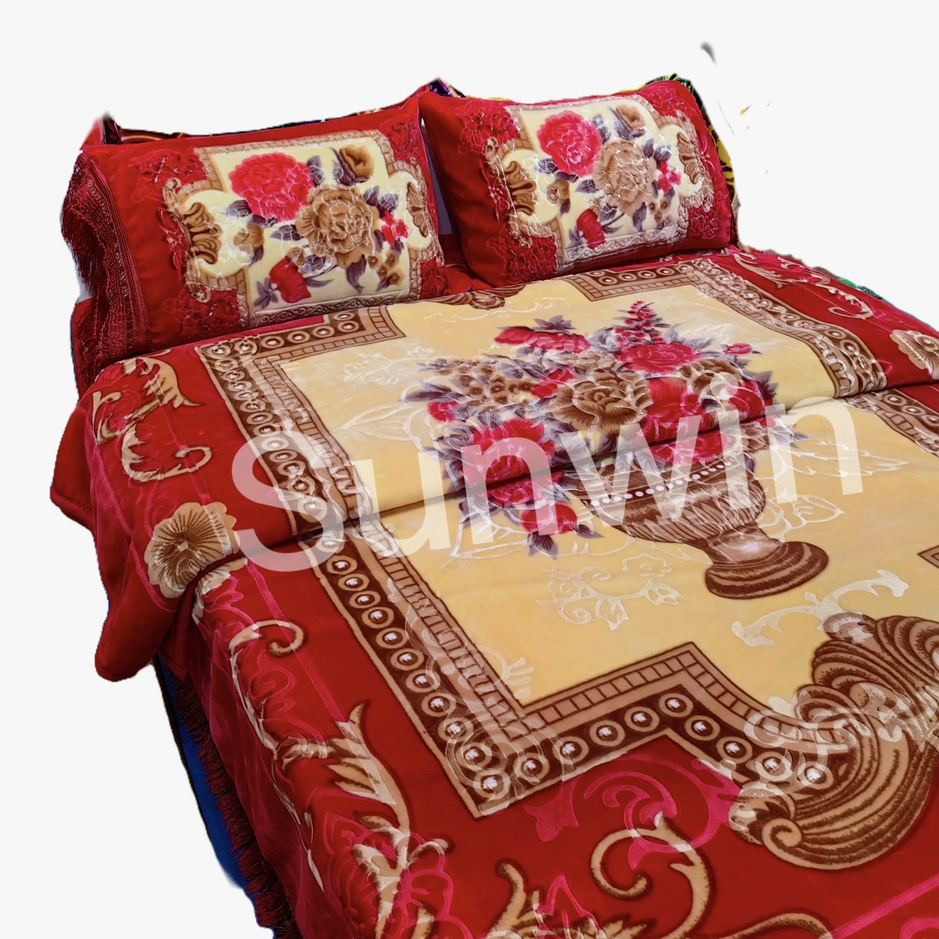 American Style Cashmere Double Layers Thicken Raschel Blanket Embossed Flower Print Four Pieces Blanket