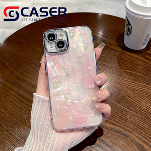 Custodia per telefono cellulare con pellicola di lusso colorata a conchiglia lucida per iPhone 15 e 14 simpatici tulipani con Design a forma di tulipano - Product Image 4