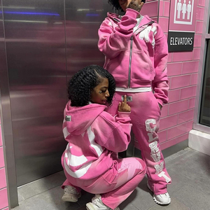 Tùy chỉnh Zip Up sweatsuit axit rửa Applique vá thêu đau khổ hoodie chạy bộ Tracksuit bùng Sweatpants và hoodie Set - Product Image 1