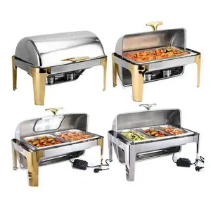 Luxo Buffet Equipment Aço Inoxidável Gold Glass Chafing Dish Roll Top Hidráulica Chaffing Dishes Set Food Warmer For Catering