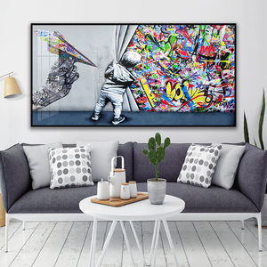 Pittura su porcellana <span class=keywords><strong>di</strong></span> cristallo Pop art dietro la tenda e aeroplano <span class=keywords><strong>di</strong></span> carta stampe su tela <span class=keywords><strong>Banksy</strong></span> Graffiti Wall Art per la decorazione domestica - Product Image 2