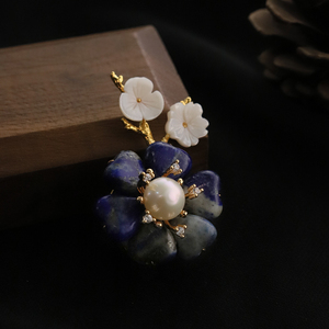 Perle naturelle <span class=keywords><strong>Lapis</strong></span> <span class=keywords><strong>Lazuli</strong></span> fleur branche <span class=keywords><strong>broche</strong></span> coréenne femmes bijoux de luxe mode femmes et filles cadeaux GO0575 - Product Image 2