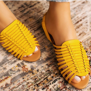 Zapatos de punta abierta romana para mujer, Sandalias planas de colores sólidos con punta estrecha, Boca de pescado - Product Image 1