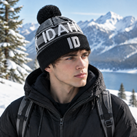 Bonnet en jacquard Idaho avec pompon, logo brodé 3D, bord côtelé, bonnet d'hiver en tricot unisexe, bonnet chaud pour le ski en plein air