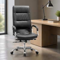 Chaise de bureau à dossier haut en cuir PU avec dossier et accoudoirs rembourrés, réglage de la hauteur, base chromée et roulettes pour salle de conférence