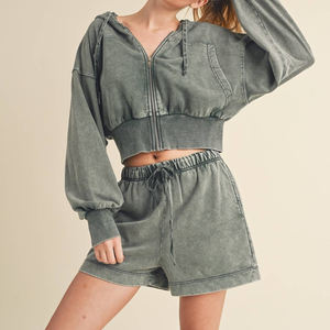 Custom Logo Eco-Friendly Breathable Winter Plus Size Cotton Acid Wash Fleece Zip-Up Hooded Crop Solid Casual Hoodie <b>Shorts</b> Set - Product Image 6