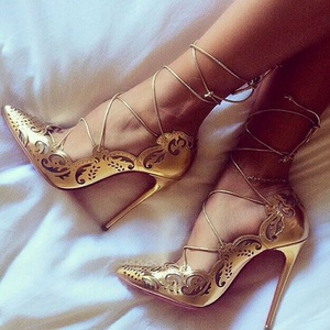 Size 44 Ankle Lace up Women Cut Out Dress <b>Shoes</b> Sexy Hollow Out Stiletto Sandals Summer Pumps - Product Image 1