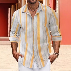 Camisa de poliéster a rayas con cuentas <span class=keywords><strong>para</strong></span> <span class=keywords><strong>hombre</strong></span>, estilo europeo americano, de manga larga, <span class=keywords><strong>para</strong></span> primavera, otoño y verano. - Product Image 3