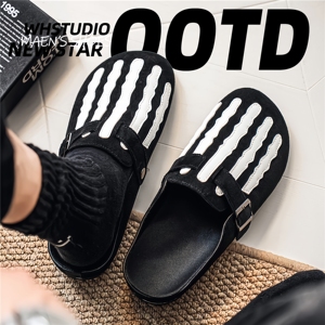 Sandalias Planas de Cuero Genuino con Diseño Original de <span class=keywords><strong>Esqueleto</strong></span> y Bloques de Color, Sandalias Mule Funcionales de Punta Cerrada, Oscuras y Modernas - Product Image 1