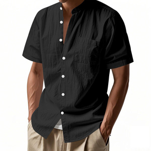 <span class=keywords><strong>Chemise</strong></span> d'été décontractée pour homme en lin, coupe ample, couleur unie, col montant, manches courtes, idéale pour la plage - Product Image 4