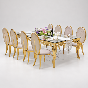 Table de banquet rectangulaire de luxe en acier inoxydable doré avec manteau de table décoratif découpé pour événements de mariage - Product Image 1