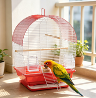Cage à oiseaux durable à toit en dôme, ferme structure en fer, construction métal-plastique, fermeture auto-agrippante, plateau de nettoyage extractible, perchoirs en bois
