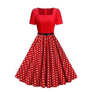 Abito Vintage da Donna con Colletto Quadrato, Elegante Stile Hepburn, Stampa Floreale a Pois, con Cintura, Lunghezza <span class=keywords><strong>Midi</strong></span> per l'Estate e il Tempo Libero - Product Image 3