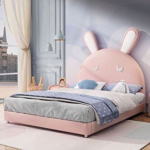 Cartoon <b>Pink</b> Bunny Guardrail <b>Slide</b> Bed 1.2 m Solid Wood Girls Princess Bedroom - Product Image 2