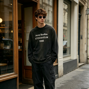 Camisetas de <span class=keywords><strong>Manga</strong></span> <span class=keywords><strong>Larga</strong></span> de Algodón para <span class=keywords><strong>Hombre</strong></span>, de Alta Calidad, Lavadas, con Serigrafía, Transpirables, Estilo Urbano, Corte Holgado, con Logotipo Personalizado - Product Image 2