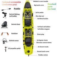 Kayak de pêche certifié CE LSF, 14 pieds, à propulsion modulaire par pédales, en HDPE, pour 1 ou 2 personnes, avec télécommande et rangement optimisé pour le surf