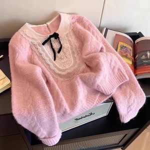 เสื้อสเวตเตอร์คอปีเตอร์แพนลูกไม้สีชมพูผู้หญิงเสื้อถักหลวมๆแขนยาวป้องกันขนร่วงผสมขนสัตว์นุ่มสวมใส่ในฤดูใบไม้ร่วงฤดูหนาว - Product Image 1