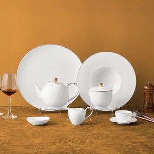 PITO HoReCa Hotelware Ensemble de vaisselle de luxe moderne Service de table en porcelaine blanche Service de table en porcelaine osseuse à bordure dorée Service de table