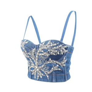 Customized wholesale vest Denim corset Snowflake studded diamond Sling corset top for women