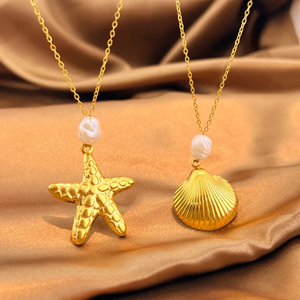 Collar de Acero Inoxidable 304 Chapado en Oro de 18K con Cuentas de Estrella de Mar y Concha para Mujer, Joyería de Moda, Perfecto para Uso Diario, Estilo Veraniego - Product Image 3