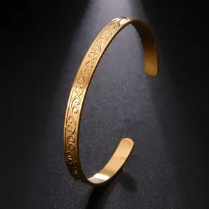 Stainless Steel Filigree Flower Leaves Cuff Bangles for Women Vintage Gold Color Bracelet Jewelry Mother Day Gift New in