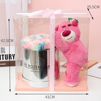 TC Wholesale Rose artificielle en soie parfumée, Cadeaux de la Saint-Valentin, Bouquets de roses en peluche roses avec ours en peluche dans une boîte argentée
