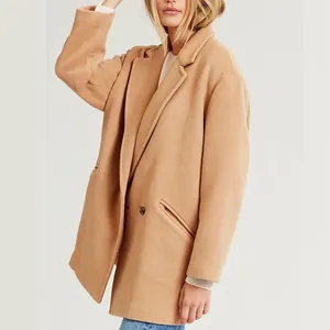 OEM Winter Fashion Casual Long Sleeve Pockets Button V-neck Trench Woolen Overcoat For Women