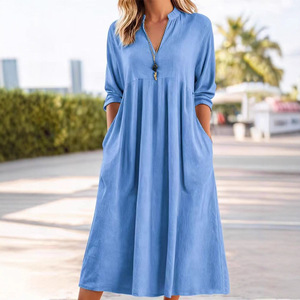 Abito <span class=keywords><strong>Lungo</strong></span> Muguyu Casual Elegante Retrò in Cotone-Lino <span class=keywords><strong>con</strong></span> <span class=keywords><strong>Maniche</strong></span> <span class=keywords><strong>a</strong></span> <span class=keywords><strong>Tre</strong></span> <span class=keywords><strong>Quarti</strong></span>, Scollo <span class=keywords><strong>a</strong></span> V, Patchwork, Pieghe e Tasche, Modello <span class=keywords><strong>A</strong></span>-Line - Product Image 3