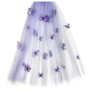 Purple Beautiful 3D Butterfly Embroidery Lace Tulle Fabric By Yard Butterfly White Mesh Polyester Fabric For Skirts