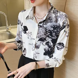 New Outono Chiffon Blusas das Mulheres Floral Impresso Turn Down Collar Camisas Soltas Manga Longa Elegante Escritório Casual 8933 #