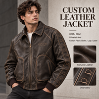 Veste pour homme en cuir avec col pointu, fermeture éclair métallique, broderie, poignets côtelés, poches incurvées, style streetwear, marque privée