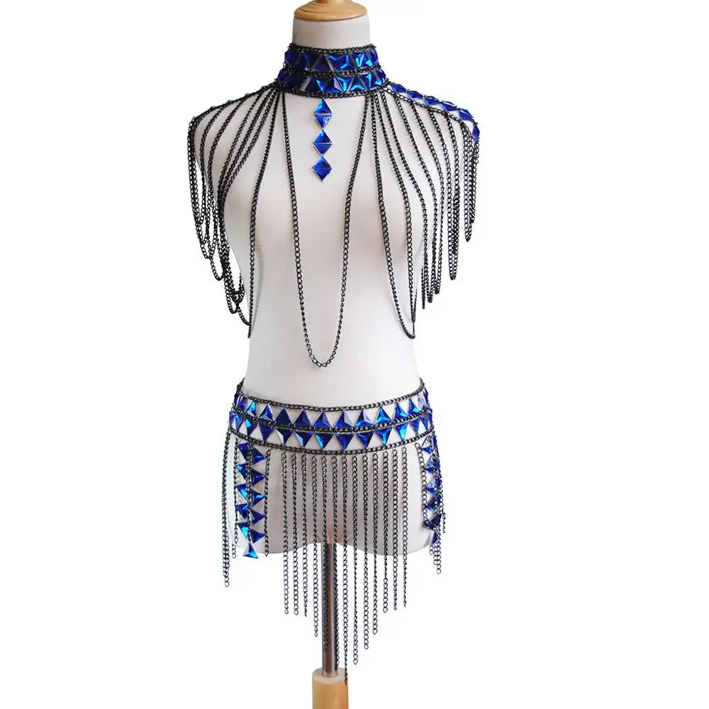 Sujetador bohemio hecho a mano con cadena para mujer y niña, conjunto de Bikini con borla de acrílico azul, joyería Sexy para el cuerpo del vientre para verano