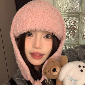 Gorro de esquí cálido a prueba de viento para mujer, gorro con orejeras forrado de lana gruesa, color beige y rosa para otoño e invierno - Product Image 4