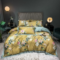 Parures de lit d'été Super King Size, vente chaude d'usine, housse de couette en fibre de lyocell jaune, motif végétal, draps durables