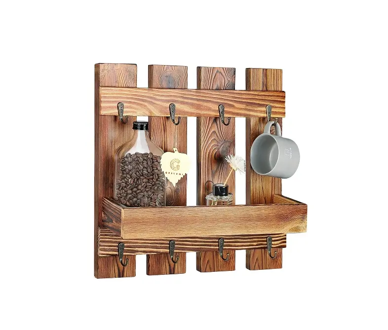 JUNJI-Soporte de madera para tazas de café, estante de pared con 8 ganchos para encimera, cocina, exhibición y colección