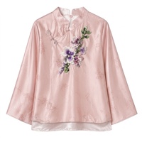 Chemisier pour femme en soie de mûrier scintillante double couche, broderie tambour française faite à la main, style oriental