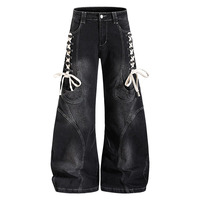 Jeans à lacets style américain pour hommes et femmes, design patchwork, coupe ample et large avec un ourlet incurvé, longueur au sol