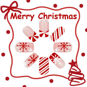 圣诞法国中号方形ABS假指甲易压手指红白雪花对比条纹设计凝胶紫外线 - Product Image 3